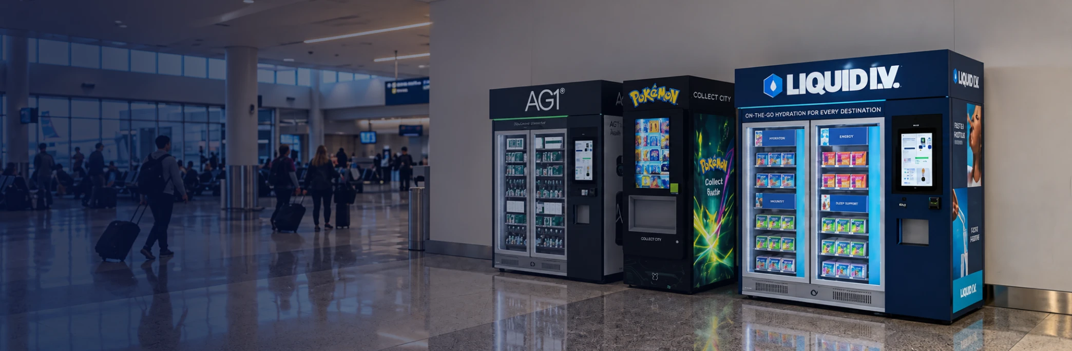 Row of branded kiosks, including AG1 and Liquid I.V., in an airport.