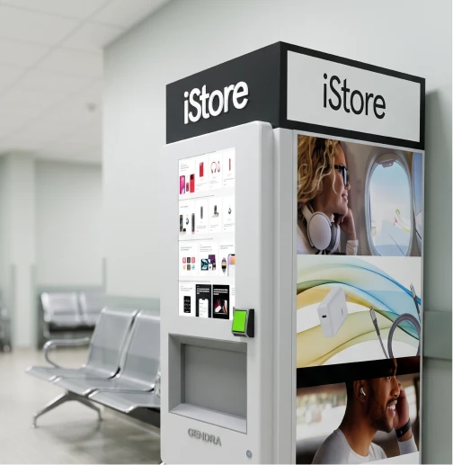 iStore electronics kiosk in an airport waiting area.
