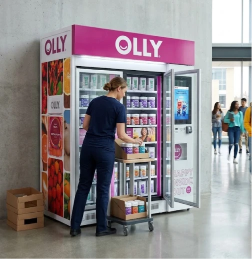 Customer browsing an OLLY kiosk in a bright concourse.