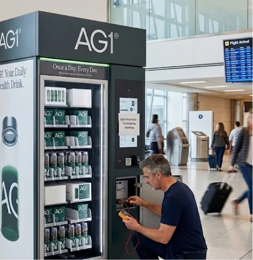 AG1 kiosk beside travelers in an airport terminal.