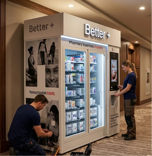 Two people working beside a Better+ automated retail kiosk.