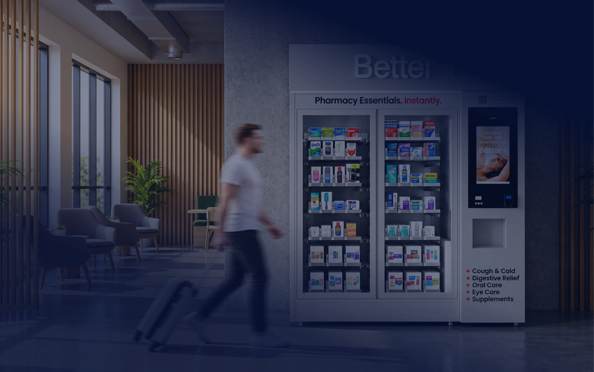 Traveler walking past a Better+ kiosk in a lobby.