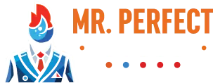Mr. Perfect Plumbing logo featuring a stylized character in a suit with a red flame-shaped hairstyle and a blue face, standing next to bold orange text reading 'MR. PERFECT'.
