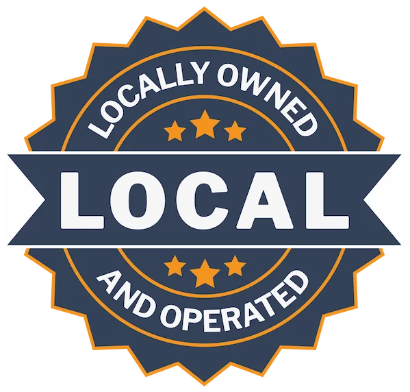 Badge-style emblem with the word LOCAL in large white letters on a dark blue banner, surrounded by the text LOCALLY OWNED AND OPERATED and six orange stars with an orange border.