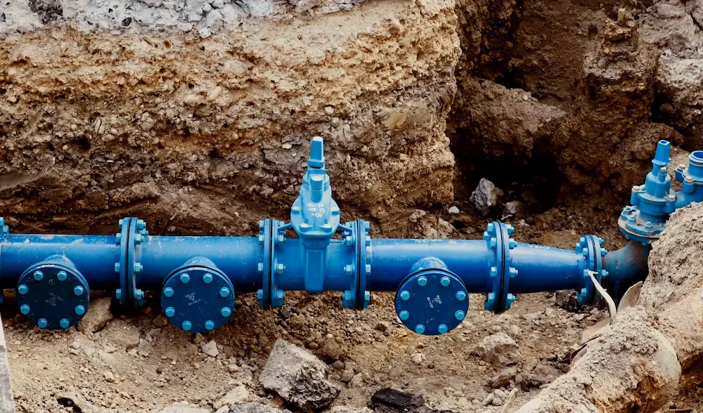 Blue industrial underground water pipes and valves installed in a trench dug into the earth with surrounding soil and rocks.