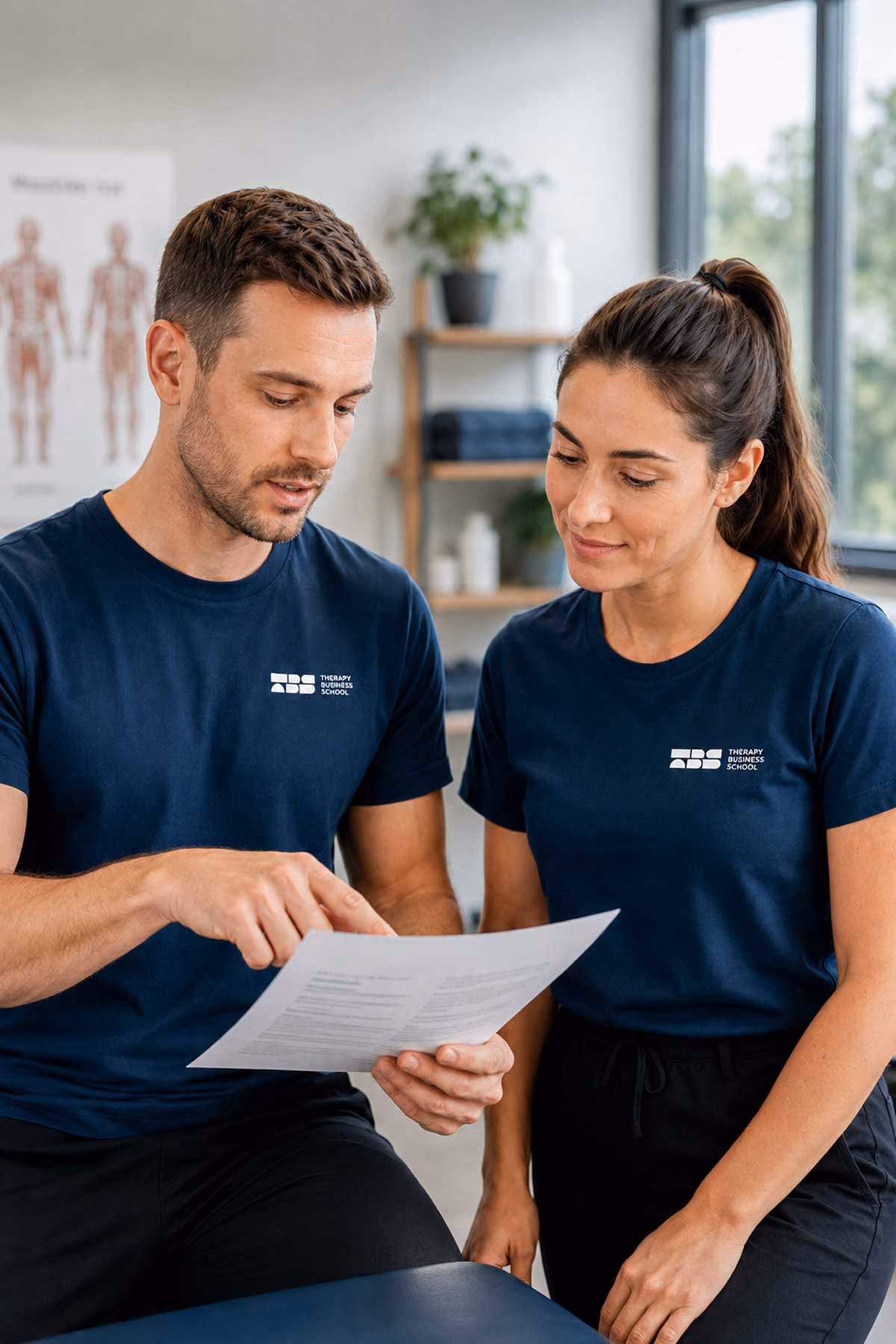 Zwei Therapeuten der Therapie Business School besprechen Praxisunterlagen.