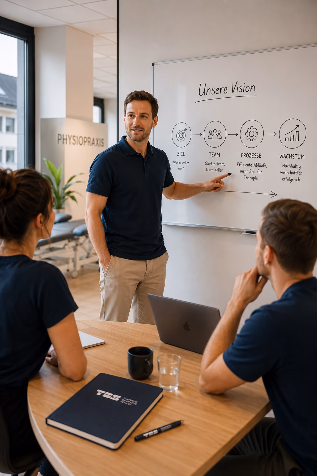 Praxisinhaber präsentiert seinem Team Ziele an einem Whiteboard.