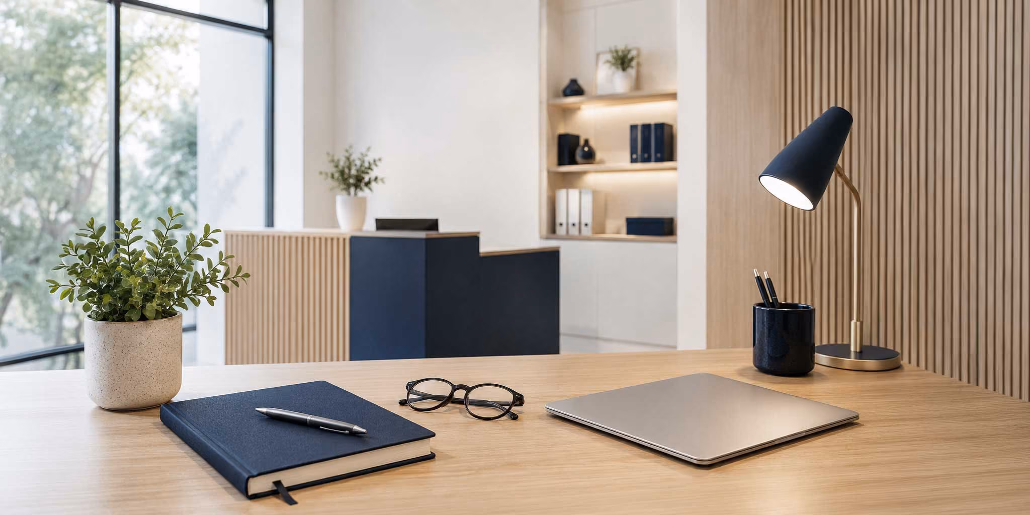 Moderner Empfangsbereich einer Praxis mit Schreibtisch und Laptop.