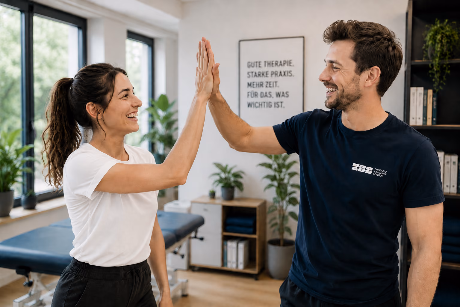 Zwei Mitglieder der Therapie Business School geben sich ein High Five.