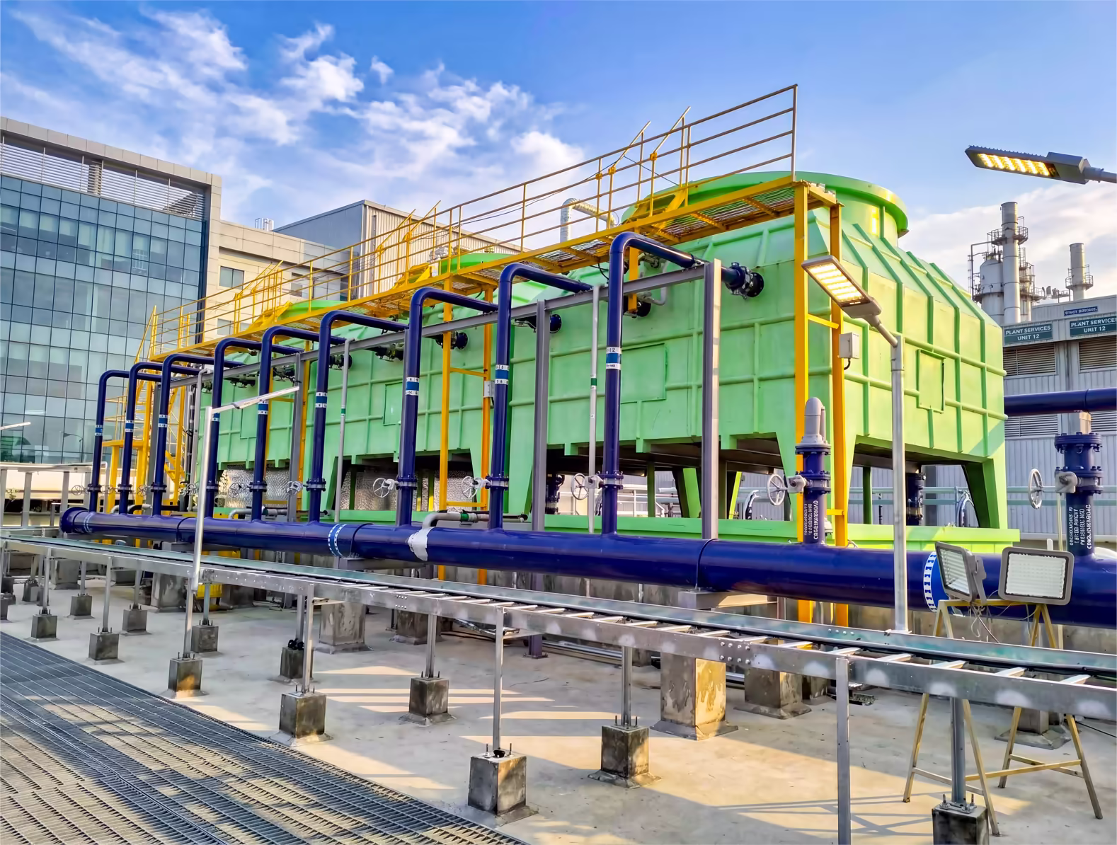 Cooling towers manufactured by Himgiri Cooling Towers, located in the commercial building of a data center in Hyderabad