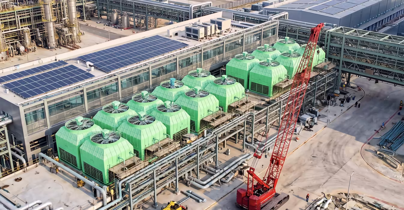 Large number of cooling towers manufactured by Himgiri Cooling Towers and installed in a solar power plant in Saudi Arabia