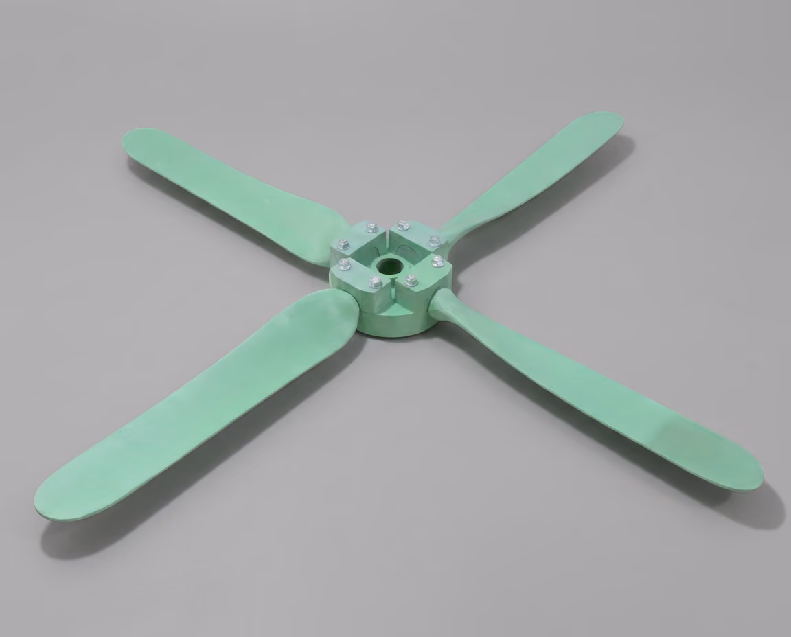 Cooling tower fan in aerodynamic design and solid blades, made by a reputed manufacturer.