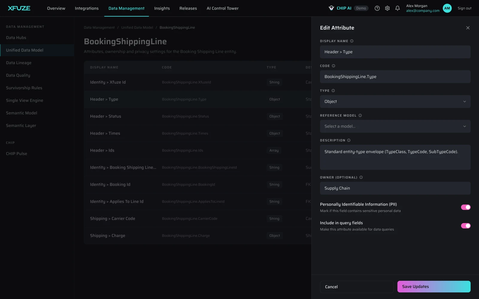 Xfuze data governance: editing an attribute in the unified data model with owner, PII flag and query settings