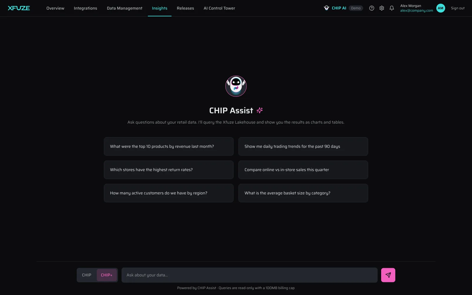 CHIP Assist chat screen with suggested questions about retail data
