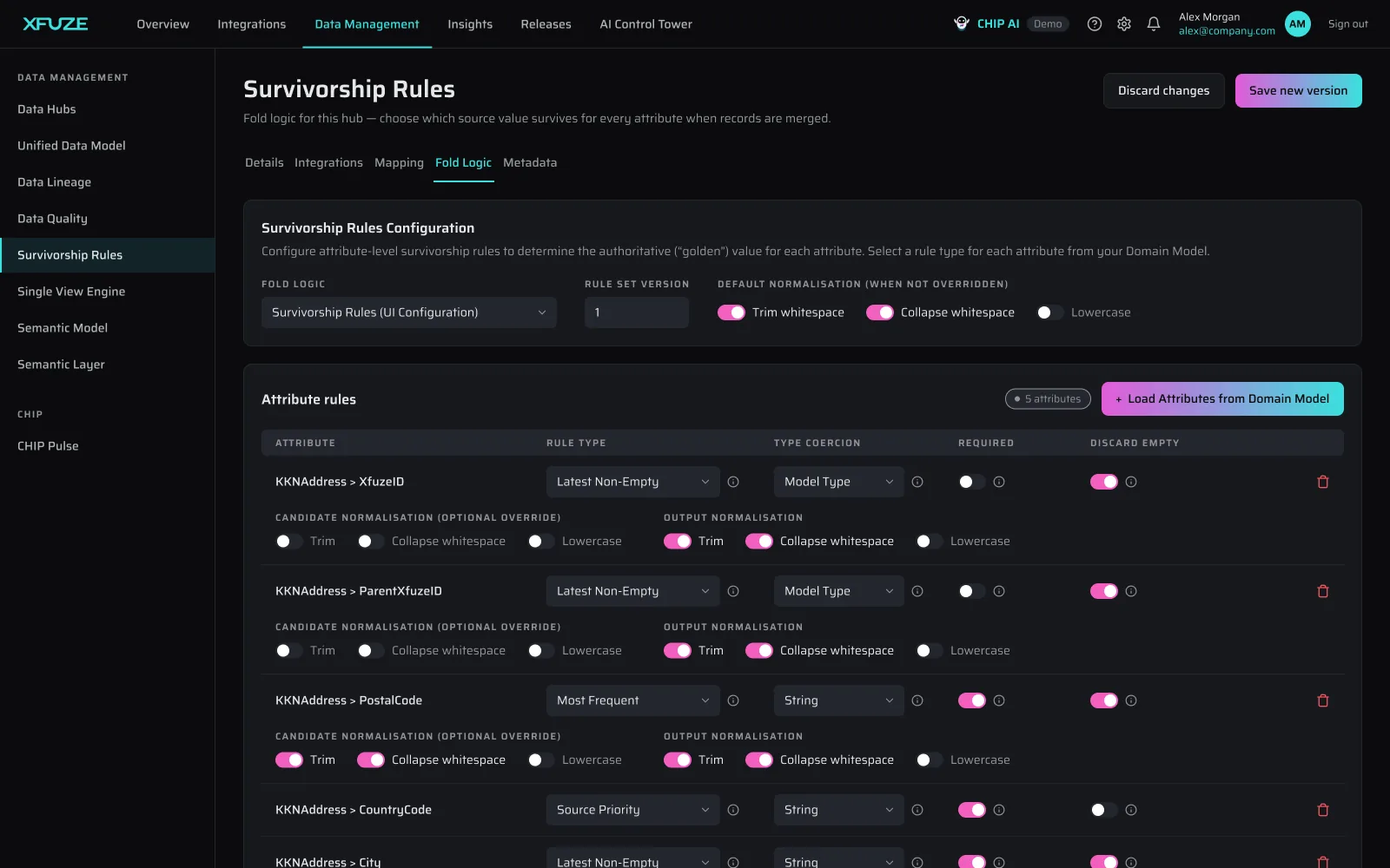 Xfuze survivorship rules configuration for matching and merging golden records