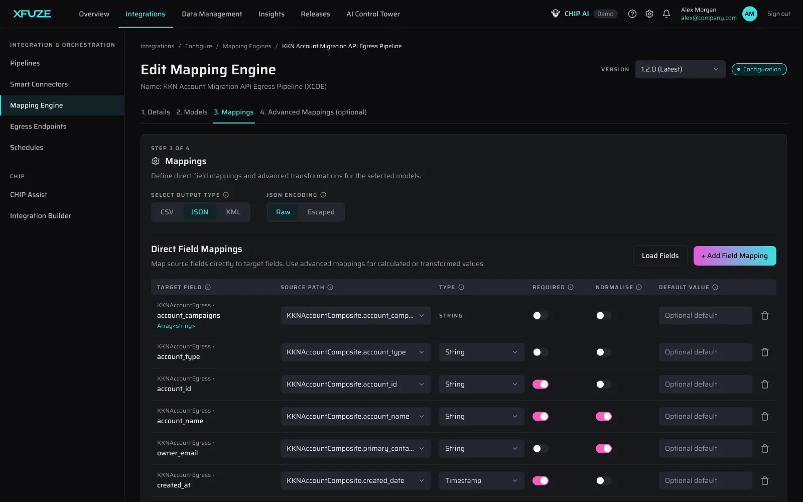 Xfuze Mapping Engine editing direct field mappings for an egress pipeline