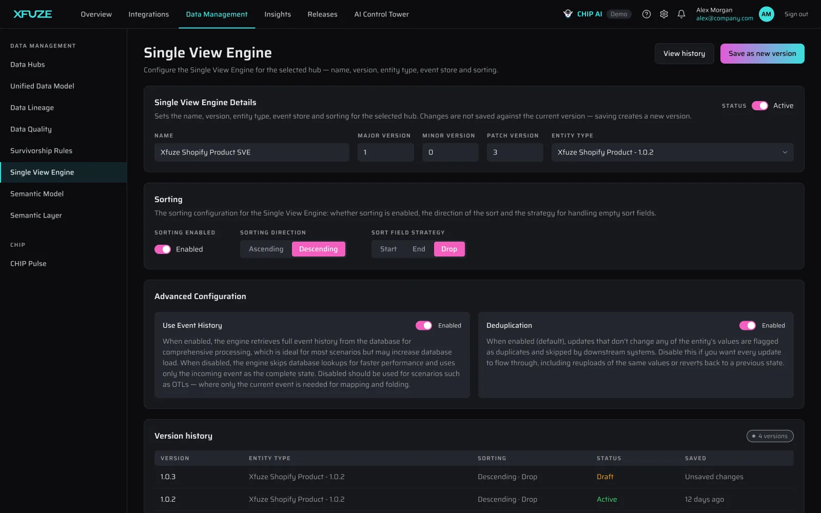 Xfuze Single View Engine settings for a unified product data hub