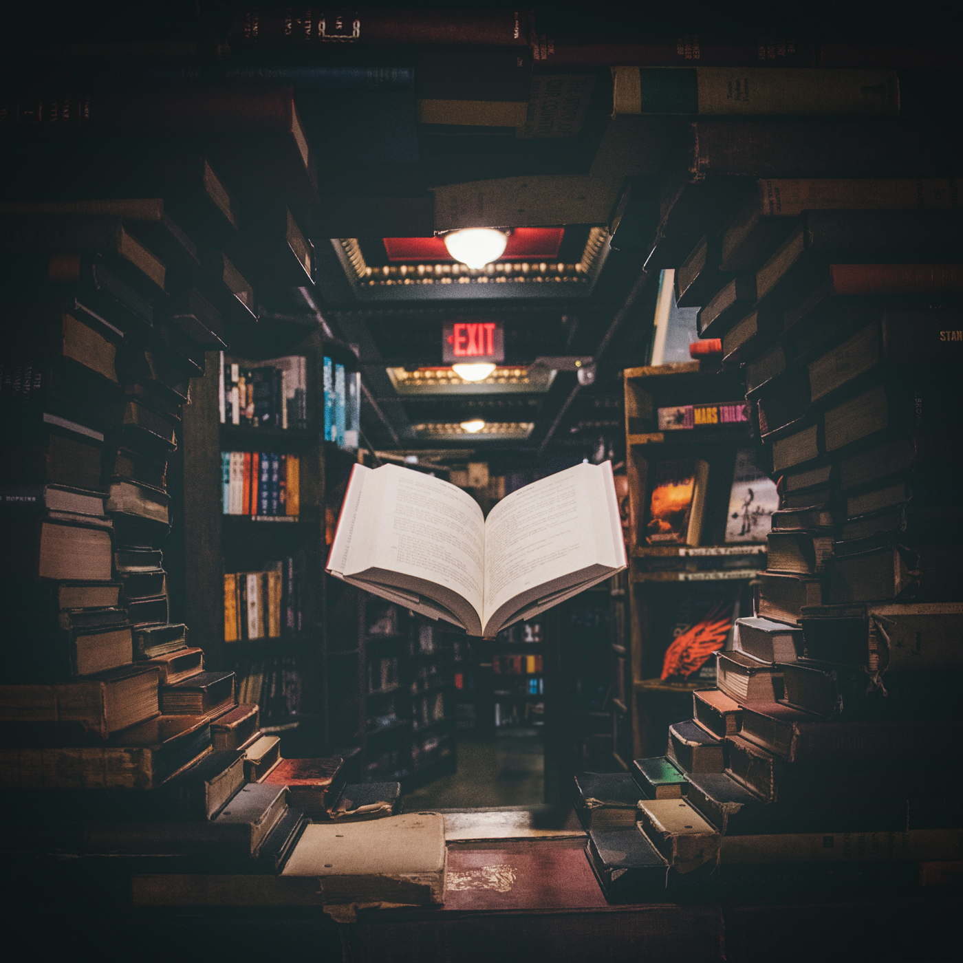 Image of a book hovering in mid air in a library