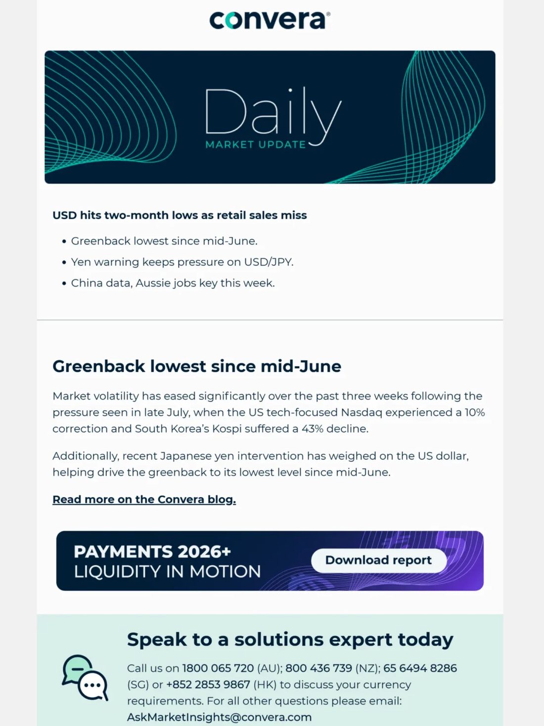 Convera Daily Market Update newsletter built with Feedotter