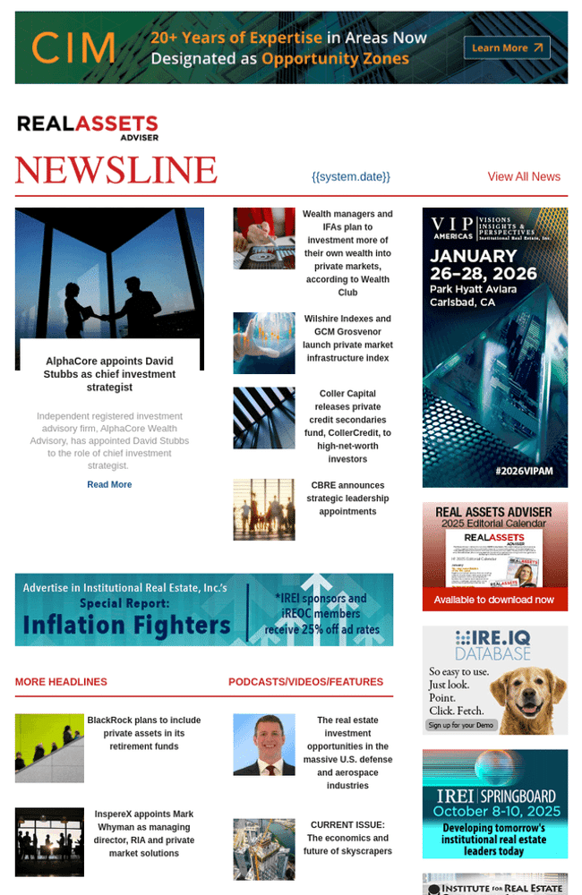 Example curated newsletter for an industry association, blending news coverage and sponsor content