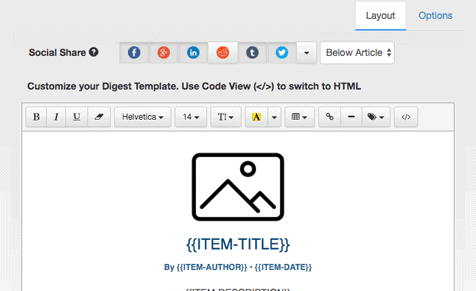 Digesto RSS to email configuration screen