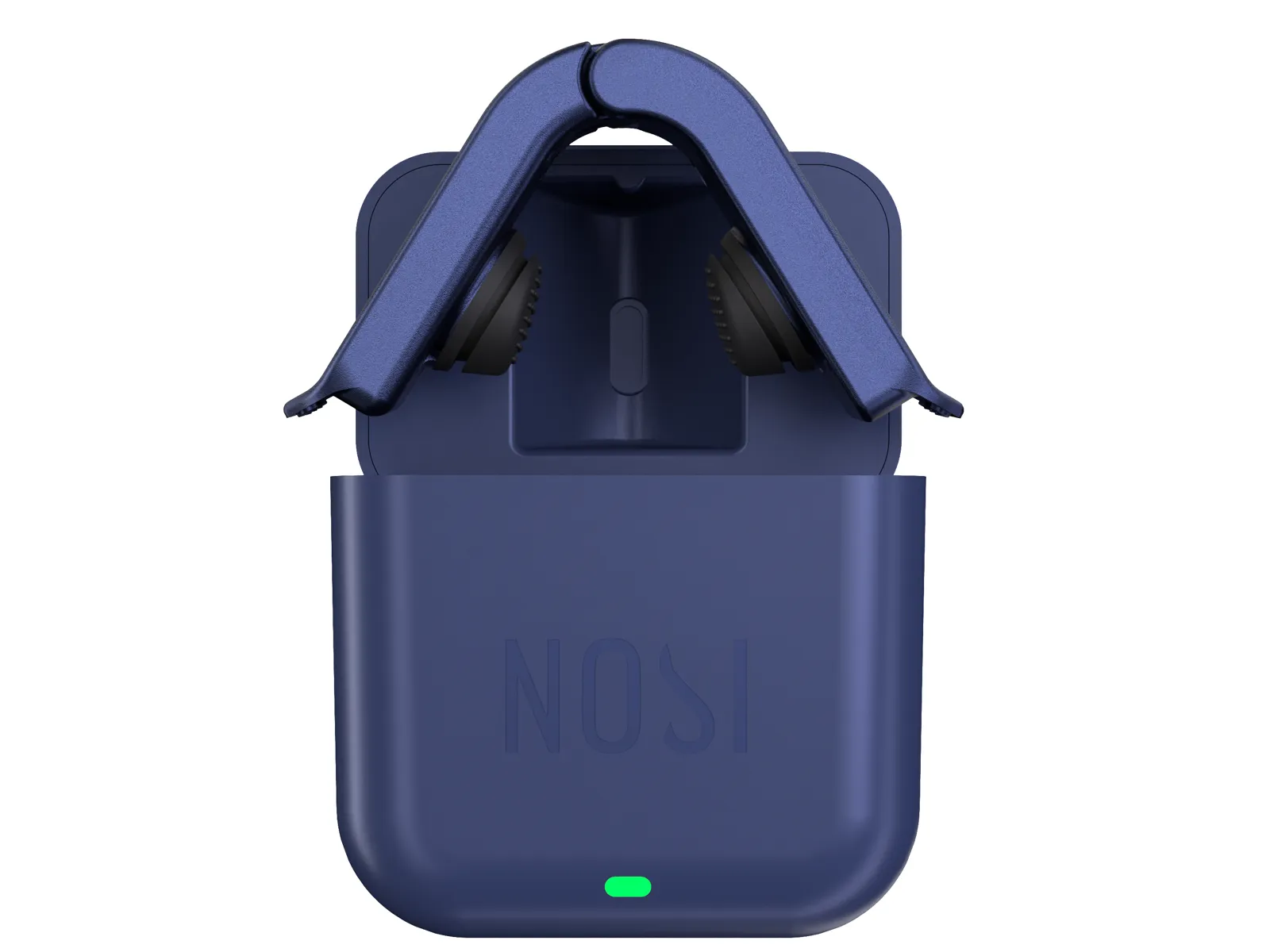Nosi device sitting in its open charging case