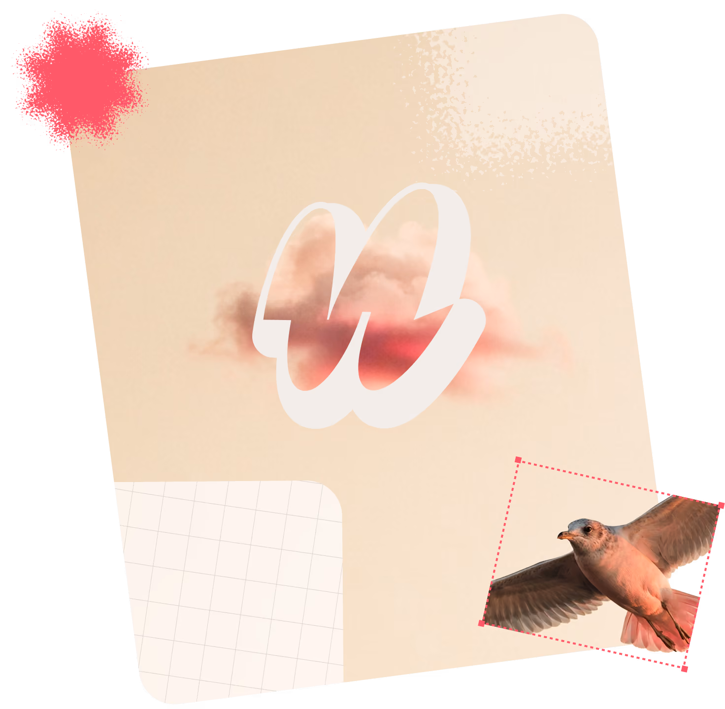 Monogramme « n » en 3D sur fond rosé, accompagné d'un oiseau en vol