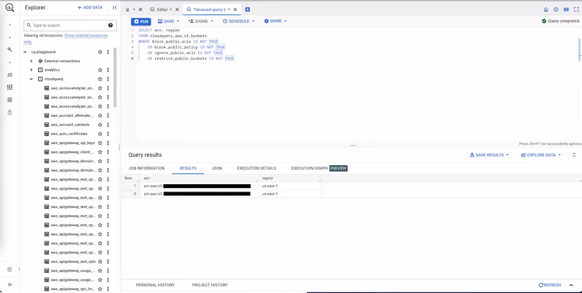 BigQuery query results showing public S3 buckets discovered by CloudQuery from AWS infrastructure data