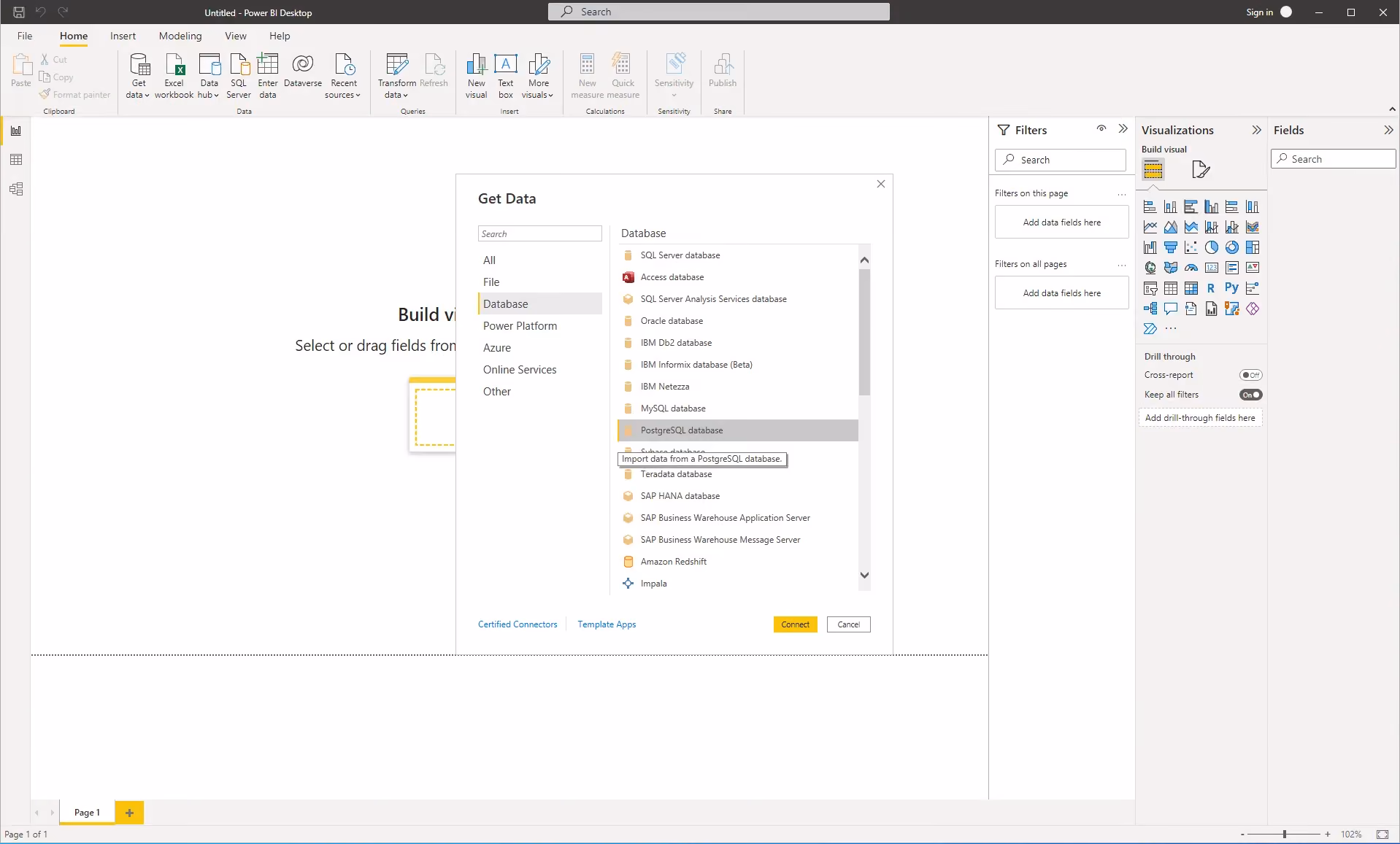 Microsoft Power BI PostgreSQL connection dialog showing CloudQuery database configuration settings