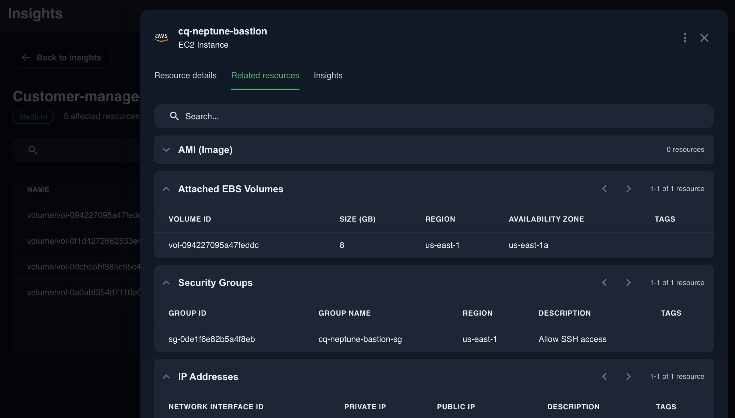 CloudQuery Insights resource detail showing policy violations and cost data