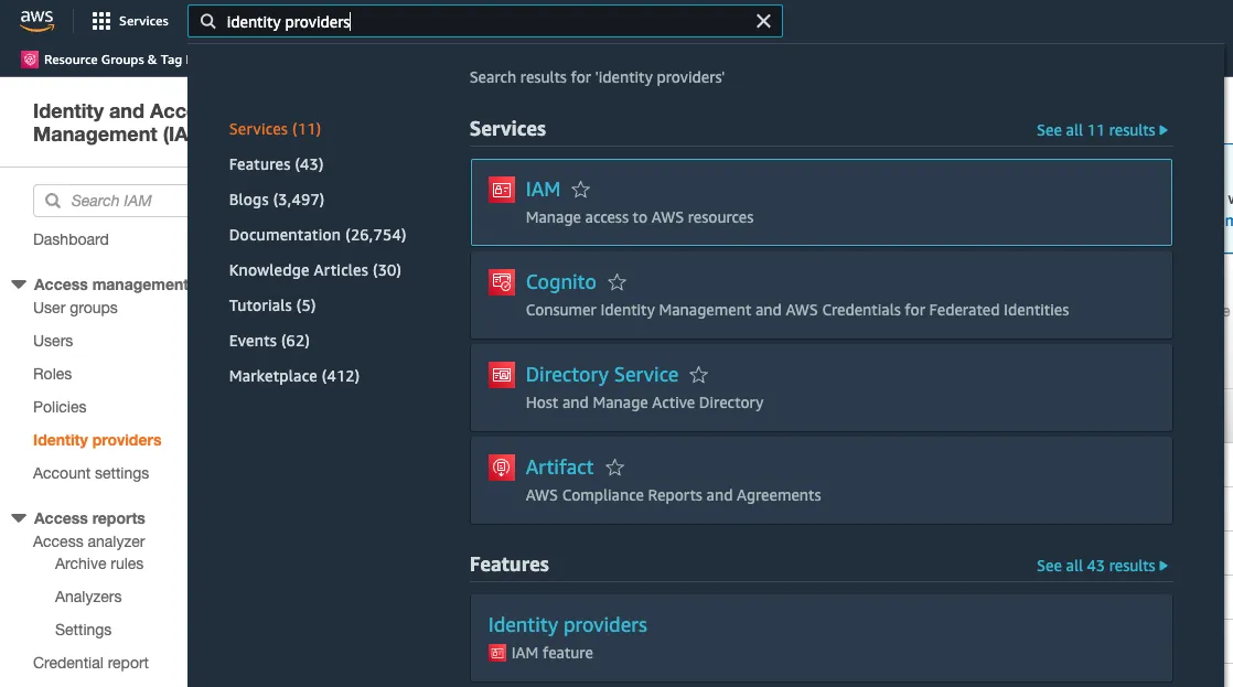 AWS Console IAM sidebar with Identity providers selected, showing search results for identity providers