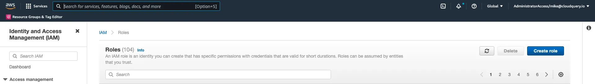 IAM Roles page showing 104 roles with the Create role button in the top right