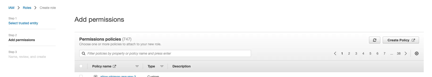 IAM Create role wizard step 2: Add permissions page listing 747 available policies to attach