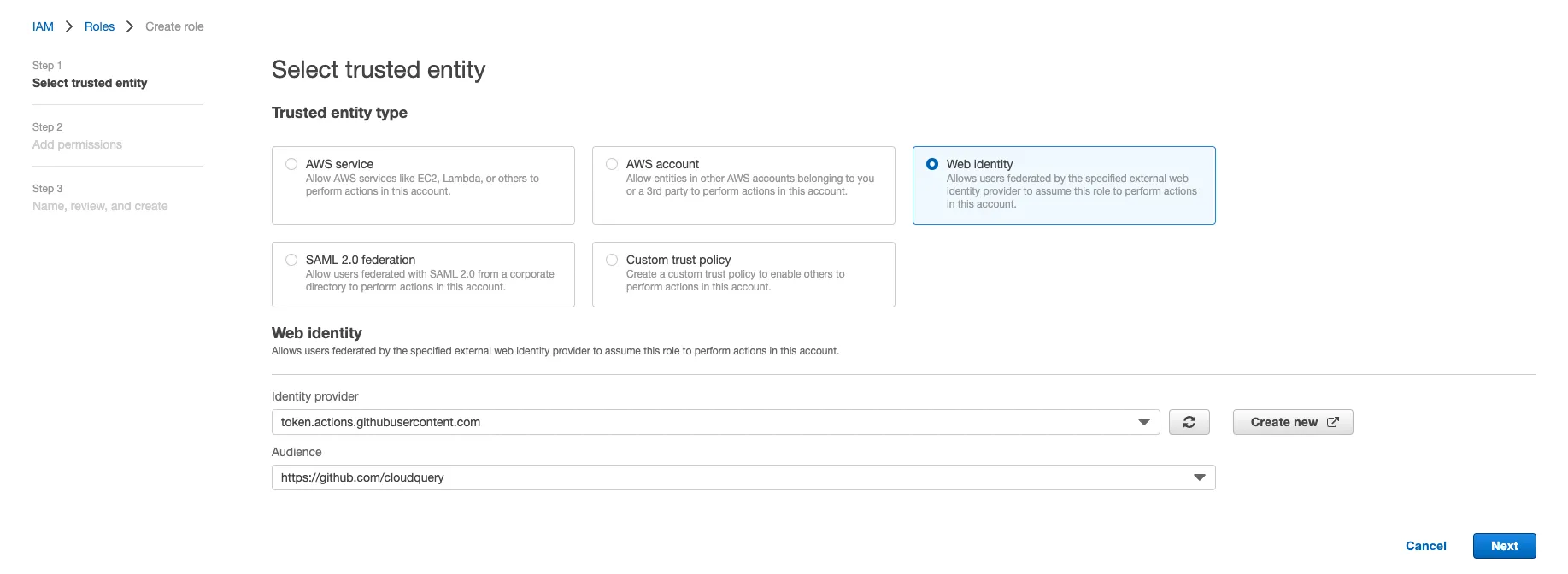 IAM Create role wizard step 1: Web identity selected as trusted entity with GitHub Actions OIDC provider and cloudquery audience