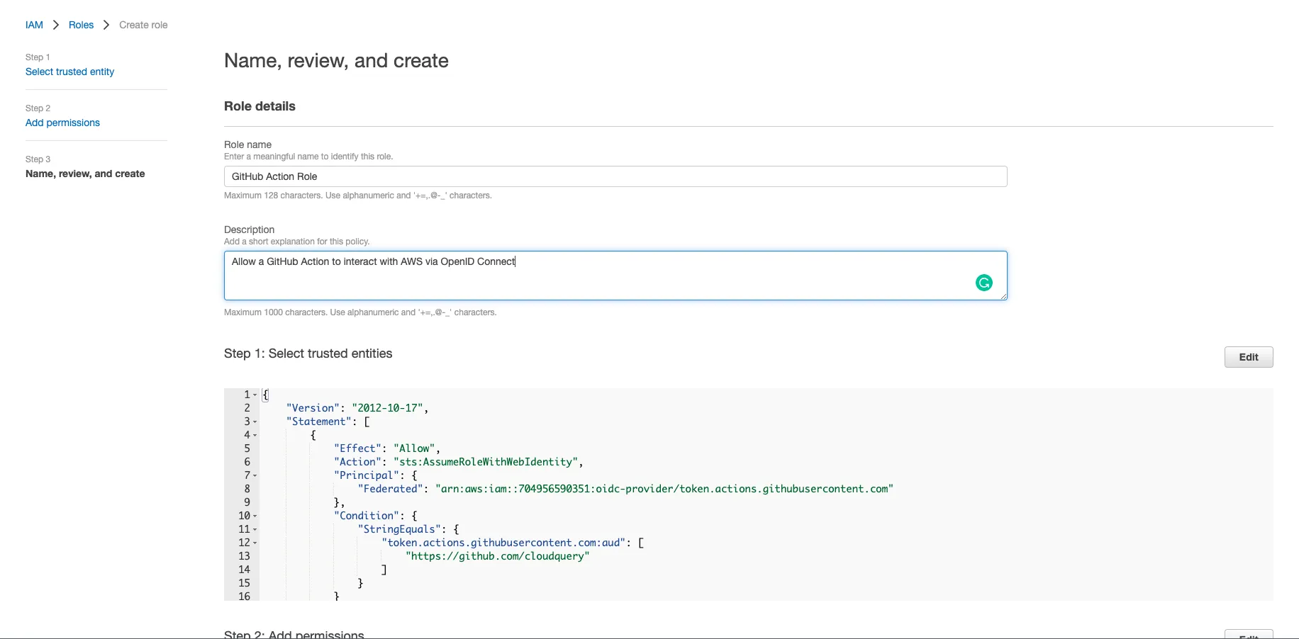 IAM Create role wizard step 3: Naming the role GitHub Action Role with trust policy JSON showing the OIDC federation configuration