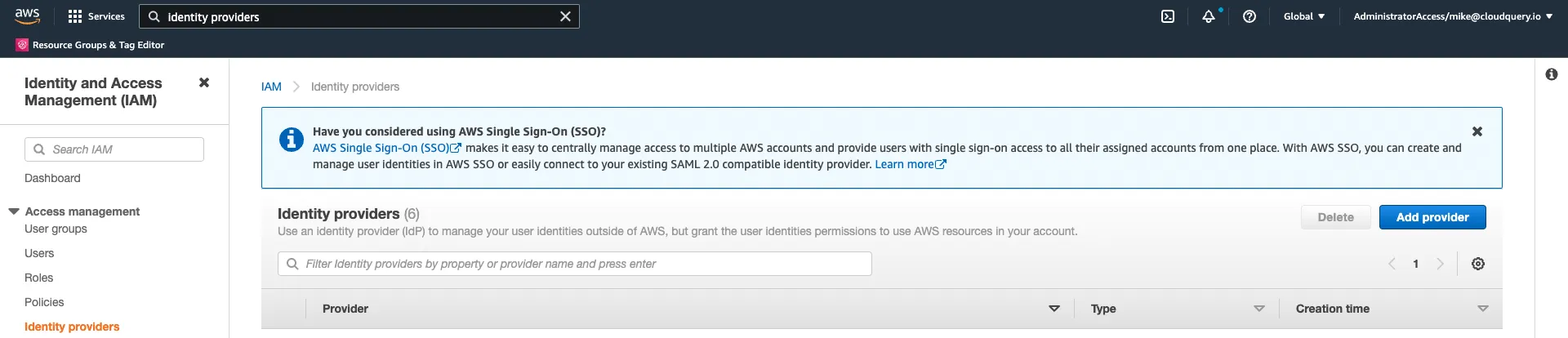 IAM Identity providers page with the Add provider button highlighted in the top right