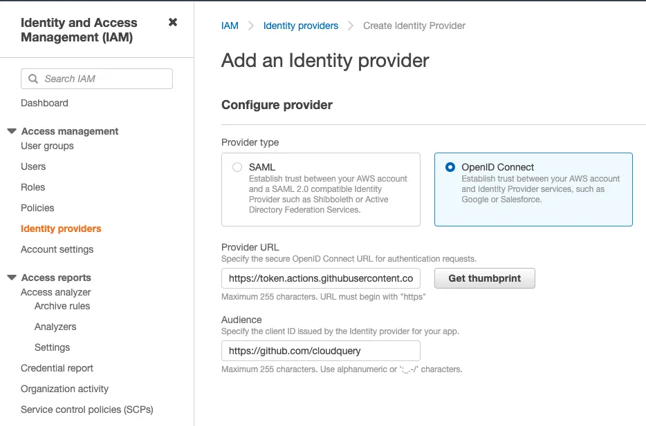 Add an Identity provider form with OpenID Connect selected, GitHub Actions provider URL, and cloudquery audience configured