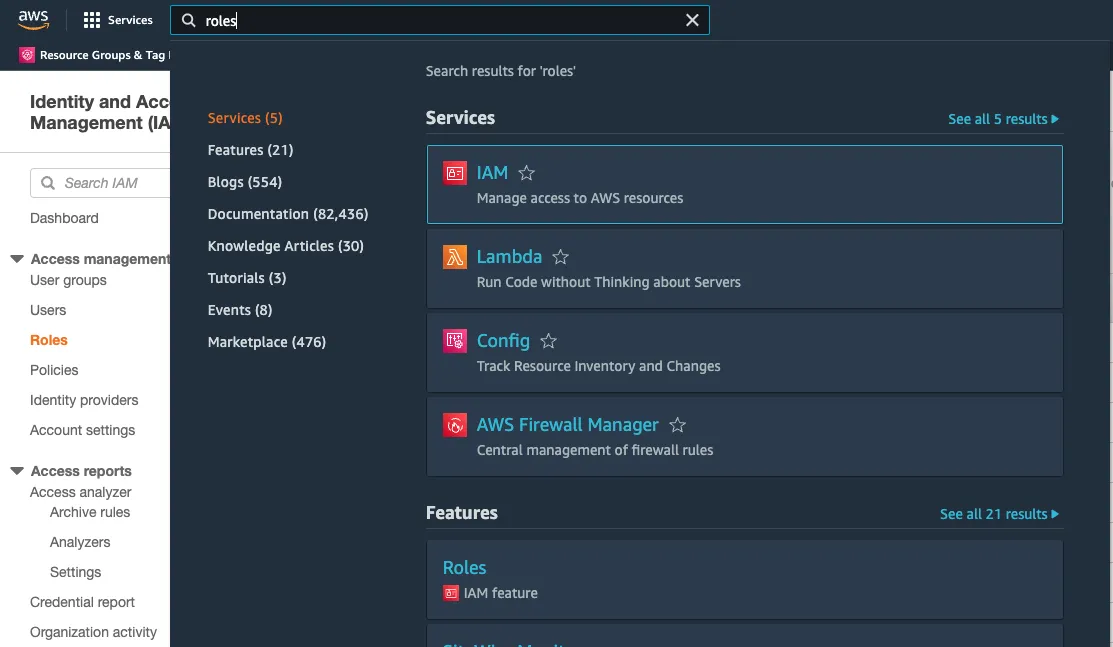 AWS Console IAM sidebar with Roles selected, showing search results for roles