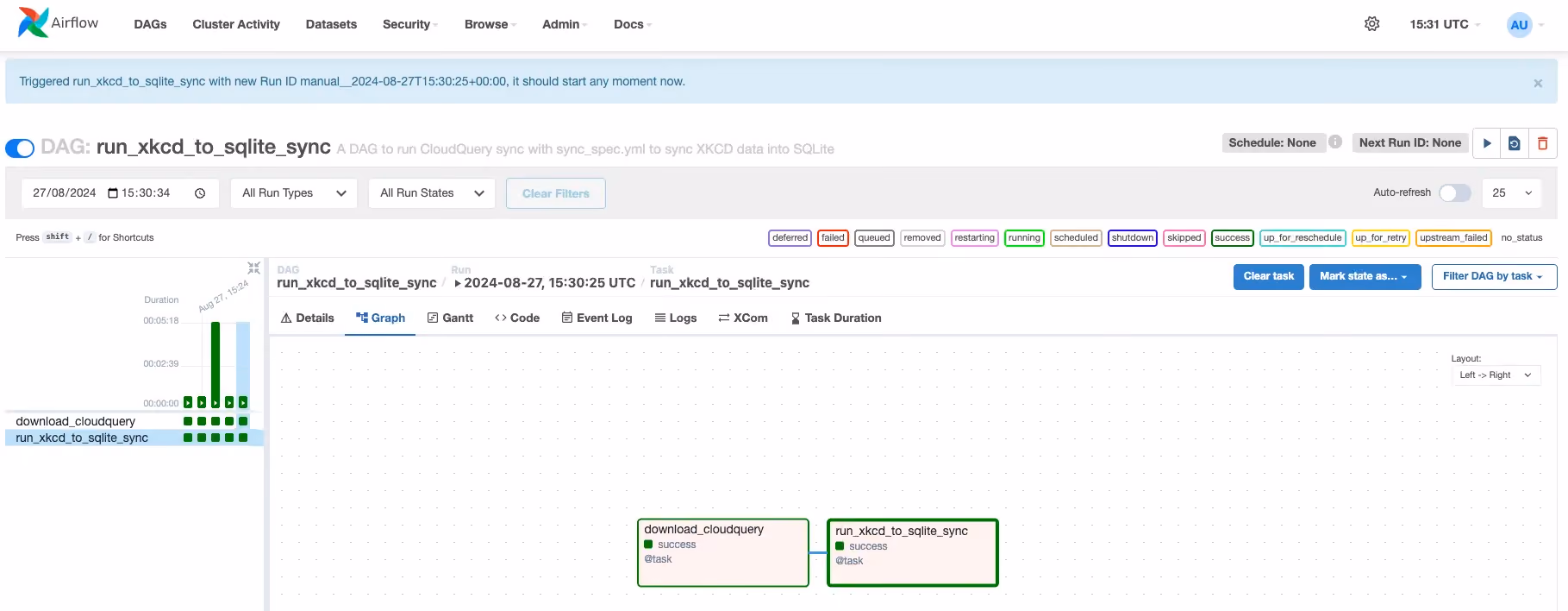 Airflow UI showing the CloudQuery DAG with task dependencies visualized as a graph