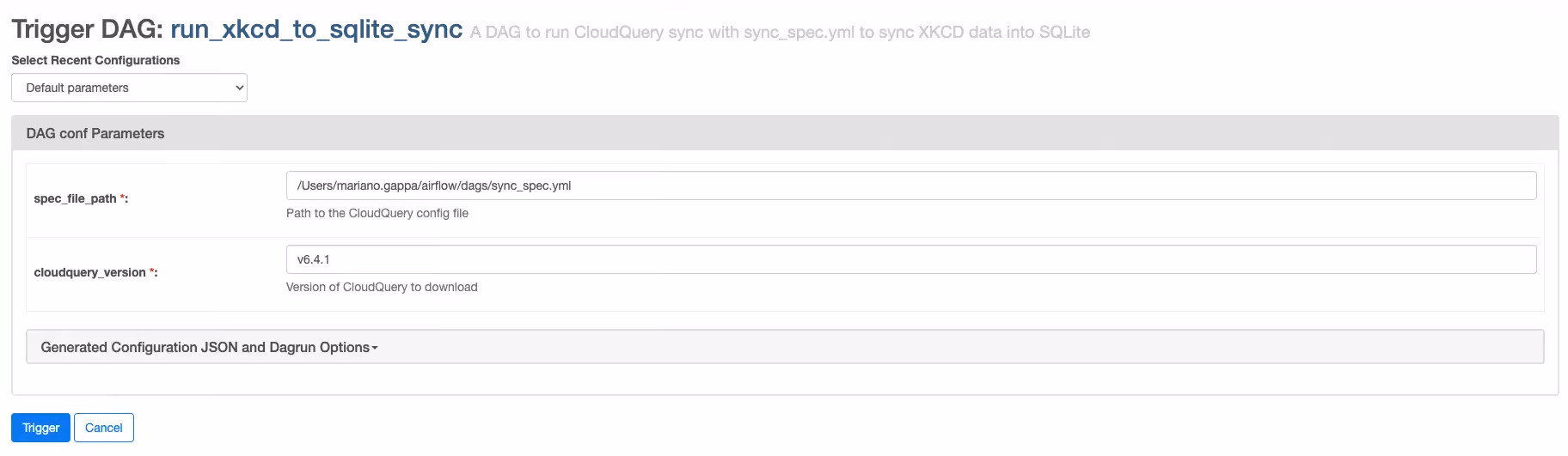 Airflow DAG configuration panel showing required parameters for the CloudQuery sync