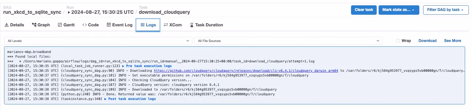 Airflow task logs showing CloudQuery binary download progress and completion