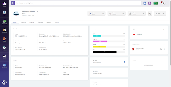 InvGate Insight CMDB interface showing asset relationship mapping and compliance monitoring