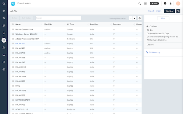 Freshservice CMDB interface showing automated asset discovery and dependency mapping
