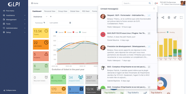 GLPI CMDB interface showing IT asset and service management with ITIL-aligned workflows