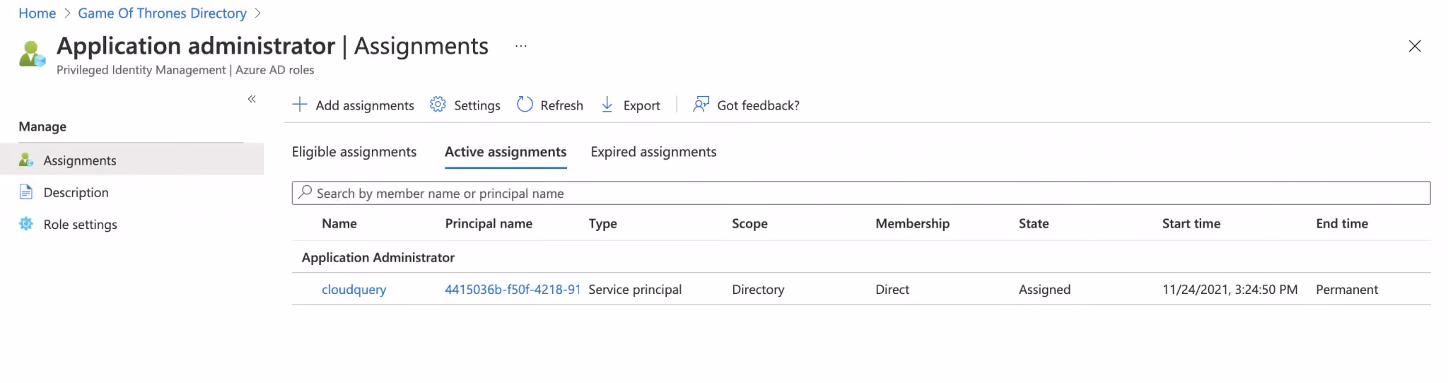 Add the main service to the Application Administrator role