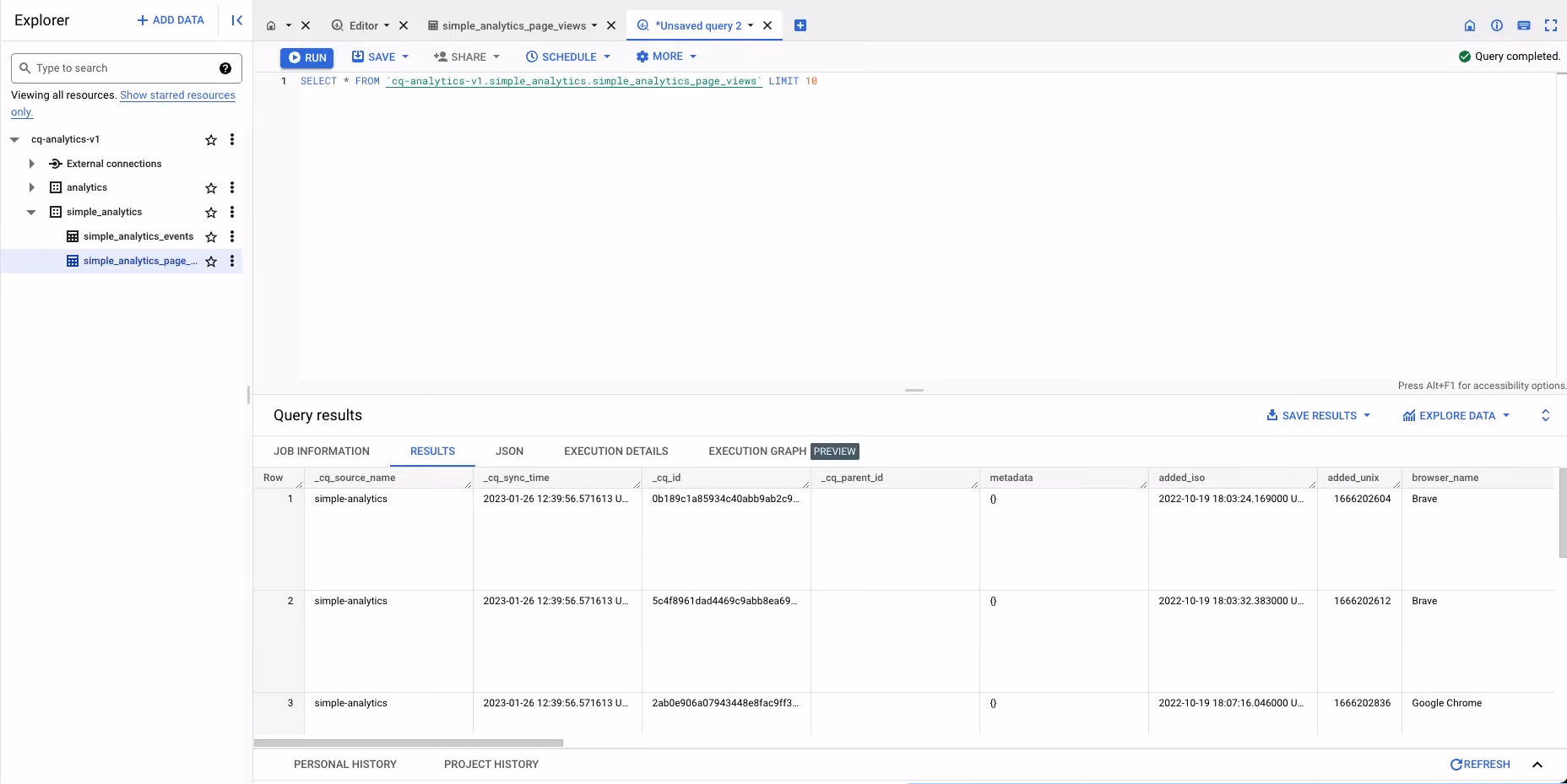 BigQuery console showing Simple Analytics page view data synced via CloudQuery with visitor and page columns