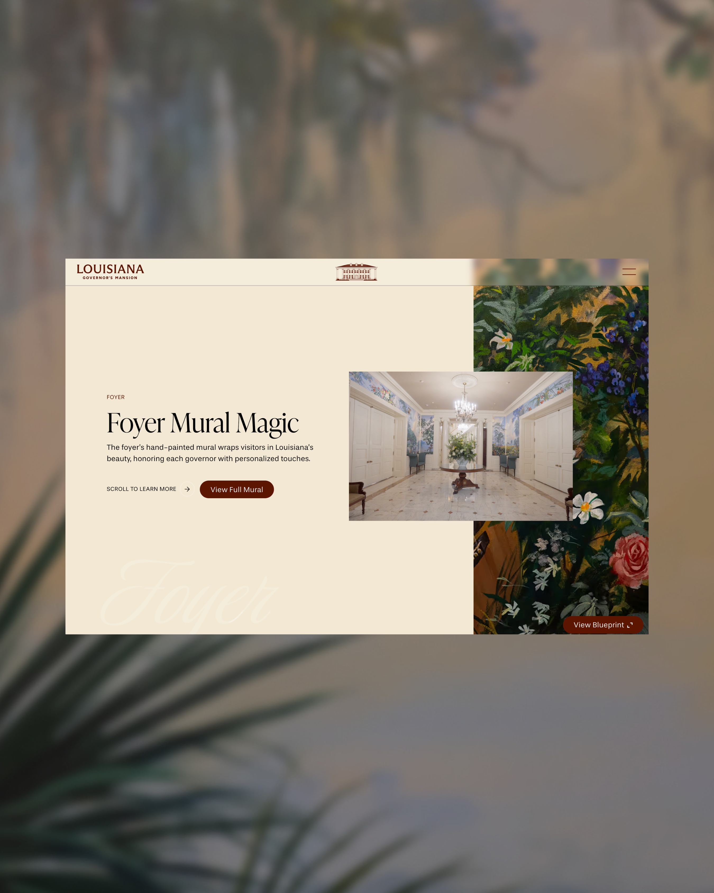Louisiana Governor's Mansion website section titled 'Foyer Mural Magic' showing a foyer with hand-painted murals, chandelier, round table with flowers, and white paneled doors.