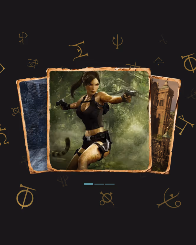 Illustration of a woman in black tactical gear holding two pistols in a jungle setting, layered over two other images with a dark background decorated with gold symbols.
