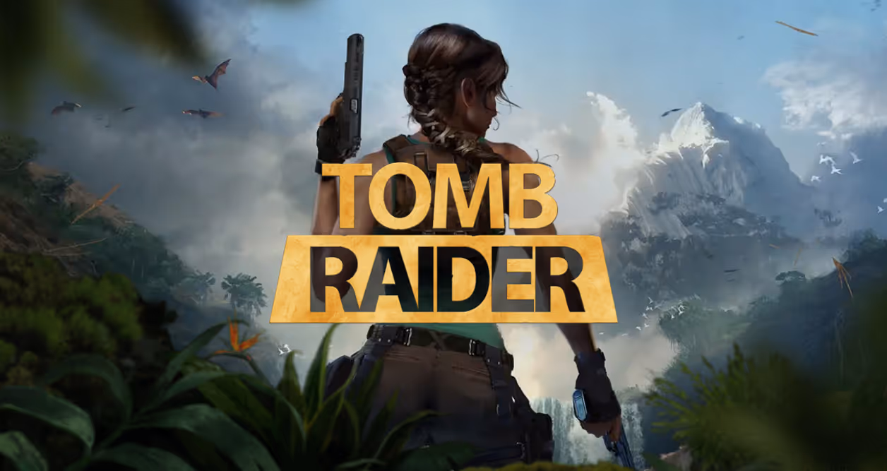 Back view of Lara Croft holding guns in a jungle with a mountain in the background and the title Tomb Raider overlaid.
