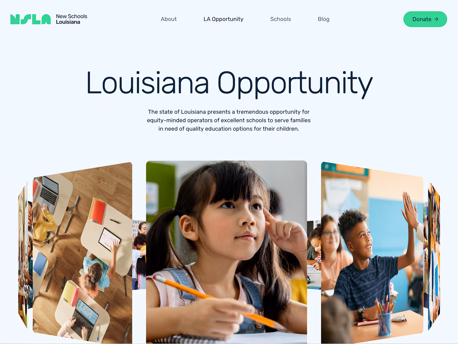 Website header for New Schools Louisiana featuring a young girl thinking with a pencil, students working on laptops, and a boy giving a high-five in a classroom.